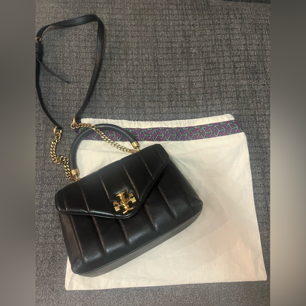 Tory Burch Black and Gold Crossbody Bag with Quilted Design